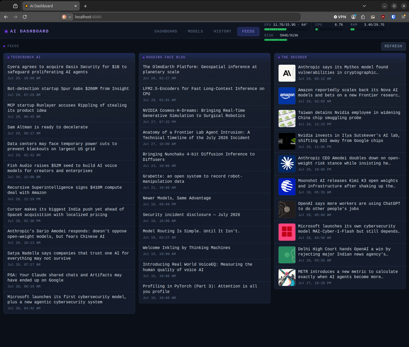 The Feeds page, showing curated AI news headlines from TechCrunch AI, the Hugging Face blog, and The Decoder.